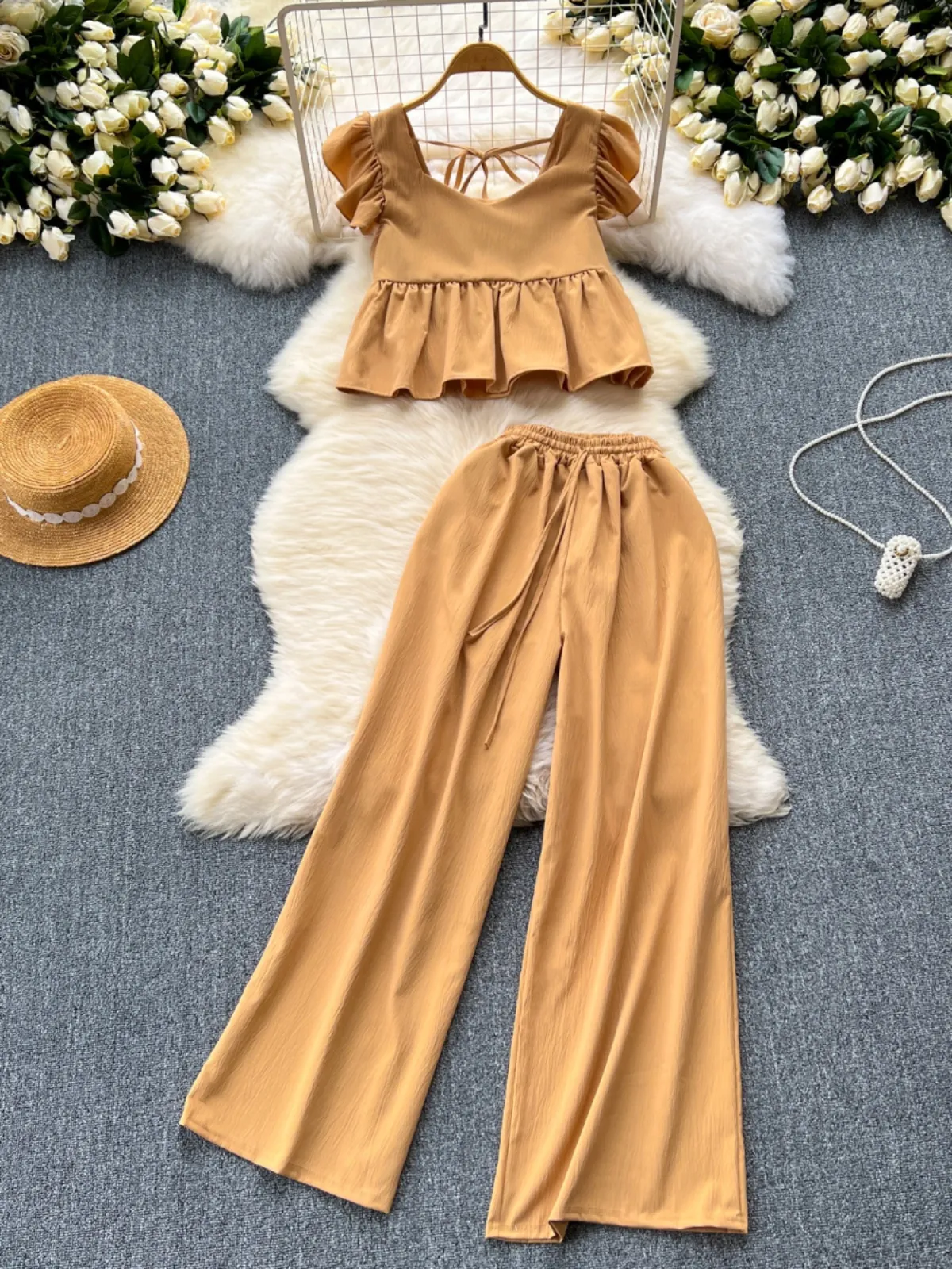 2024 Summer New Western Style Age Reducing Design Feeling Open Back Small Flying Sleeve Top High Waist Casual Wide Leg Pants Two Piece Set