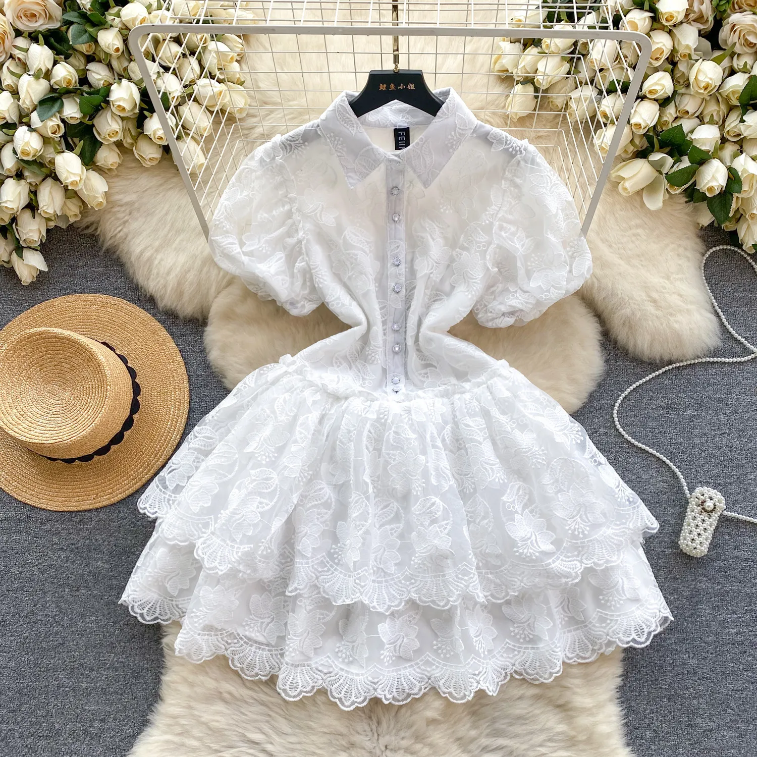 French retro court style small dress, high-end embroidered princess dress, sweet ruffled edge temperament dress for socialites