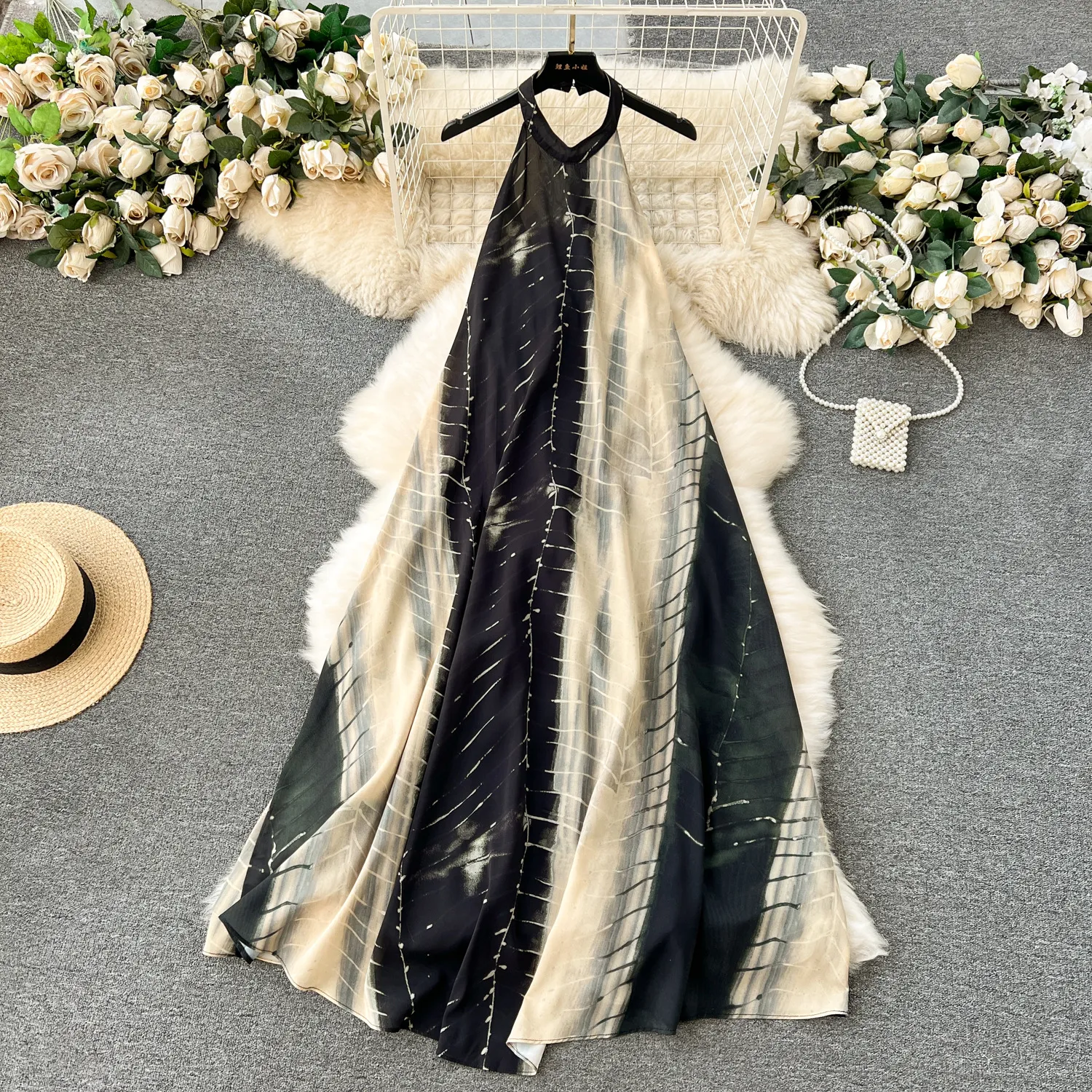 Instagram Lazy Style Fake Skirt Women's Design Feel Contrast Color Splicing Loose and Slim Mid length Hanging Neck Dress Fashionable
