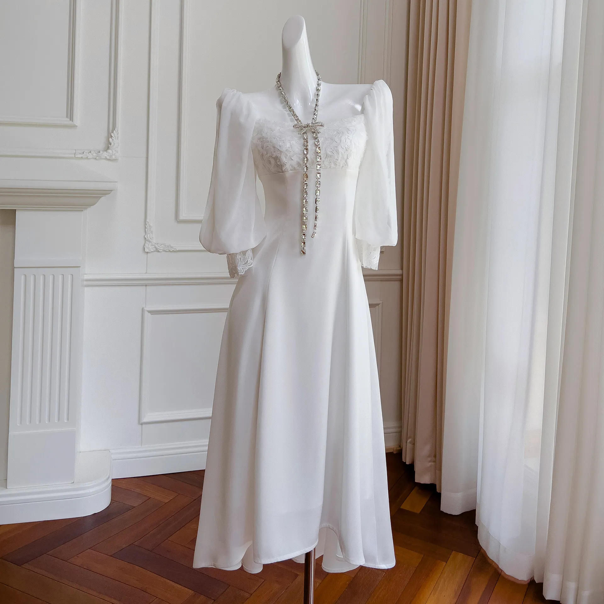 Summer New Vintage Elegant Temperament White Dress with 5/4 Sleeves Medium Length Dress 68108
