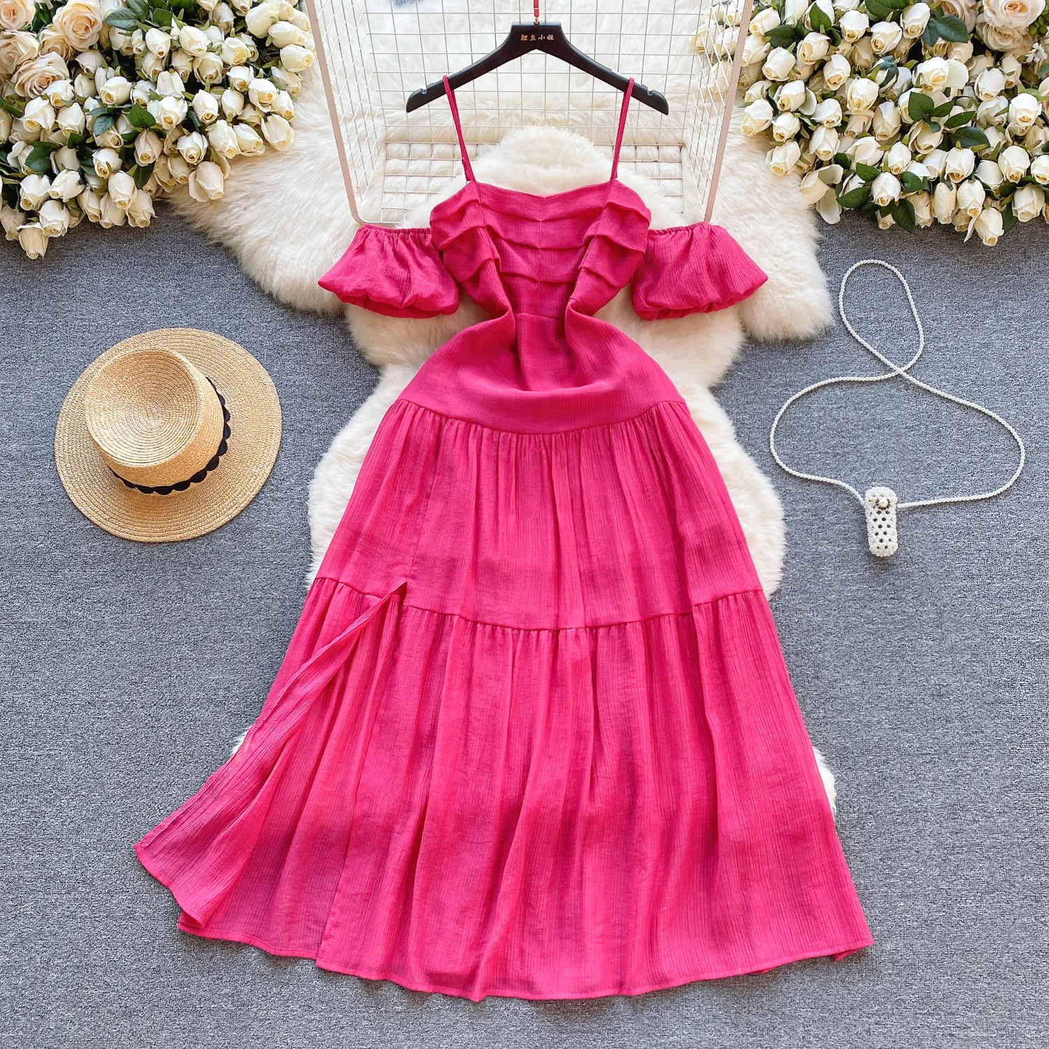 High end vacation outfit with sexy off the shoulder bubble sleeves, slim fit, long hem, slit suspender dress for women