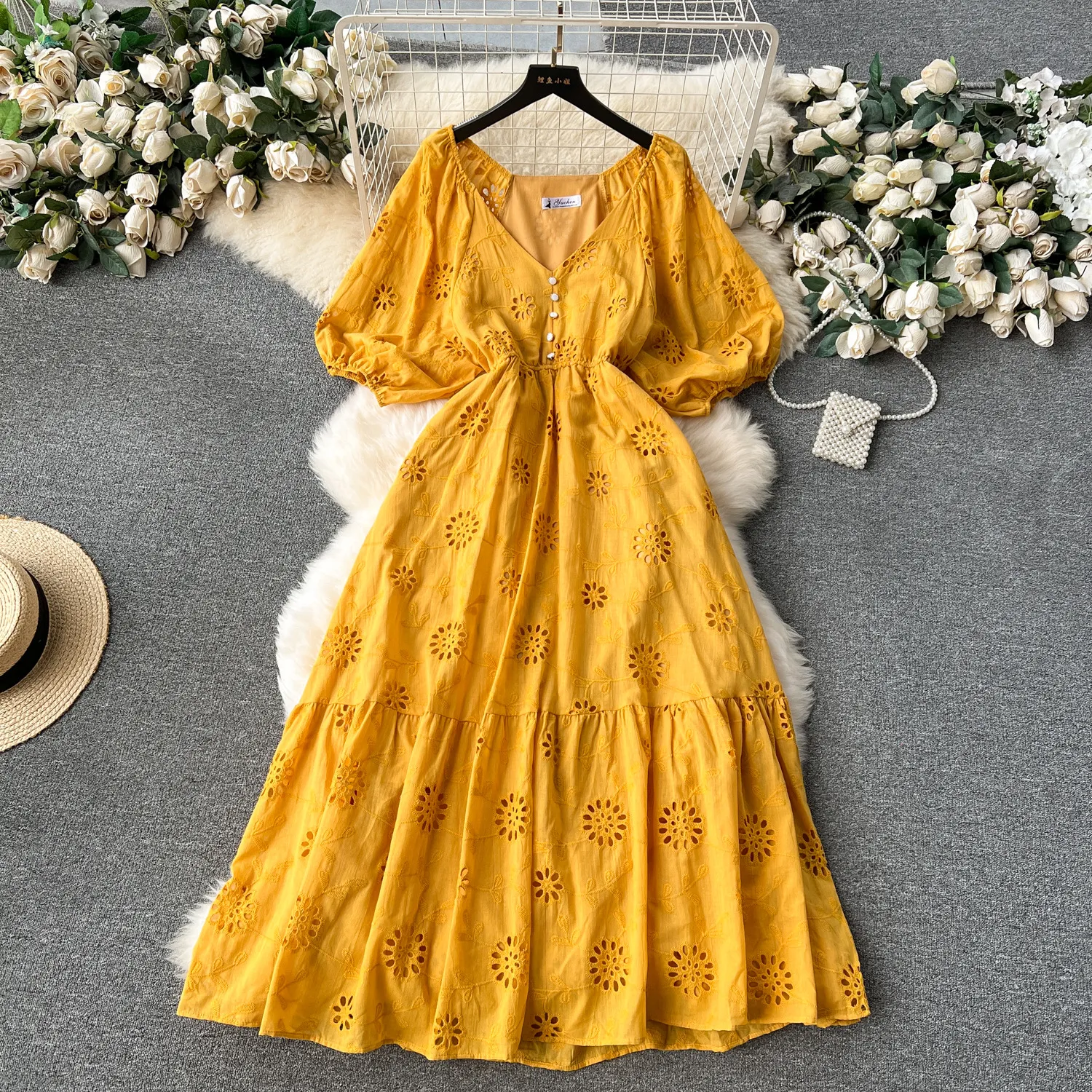 High end retro lantern sleeves, loose and slimming, heavy-duty embroidery, hollowed out flower, long ruffled edge holiday dress for women