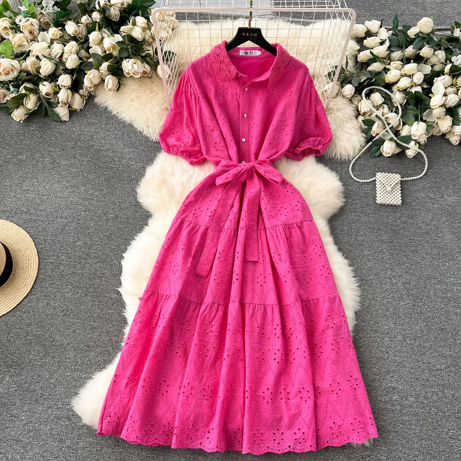 French Spring Dress Women's Retro Embroidery Hollow Lace Flip Collar Button Slim Fit Long Edition Age Reducing Bubble Sleeve Dress Women