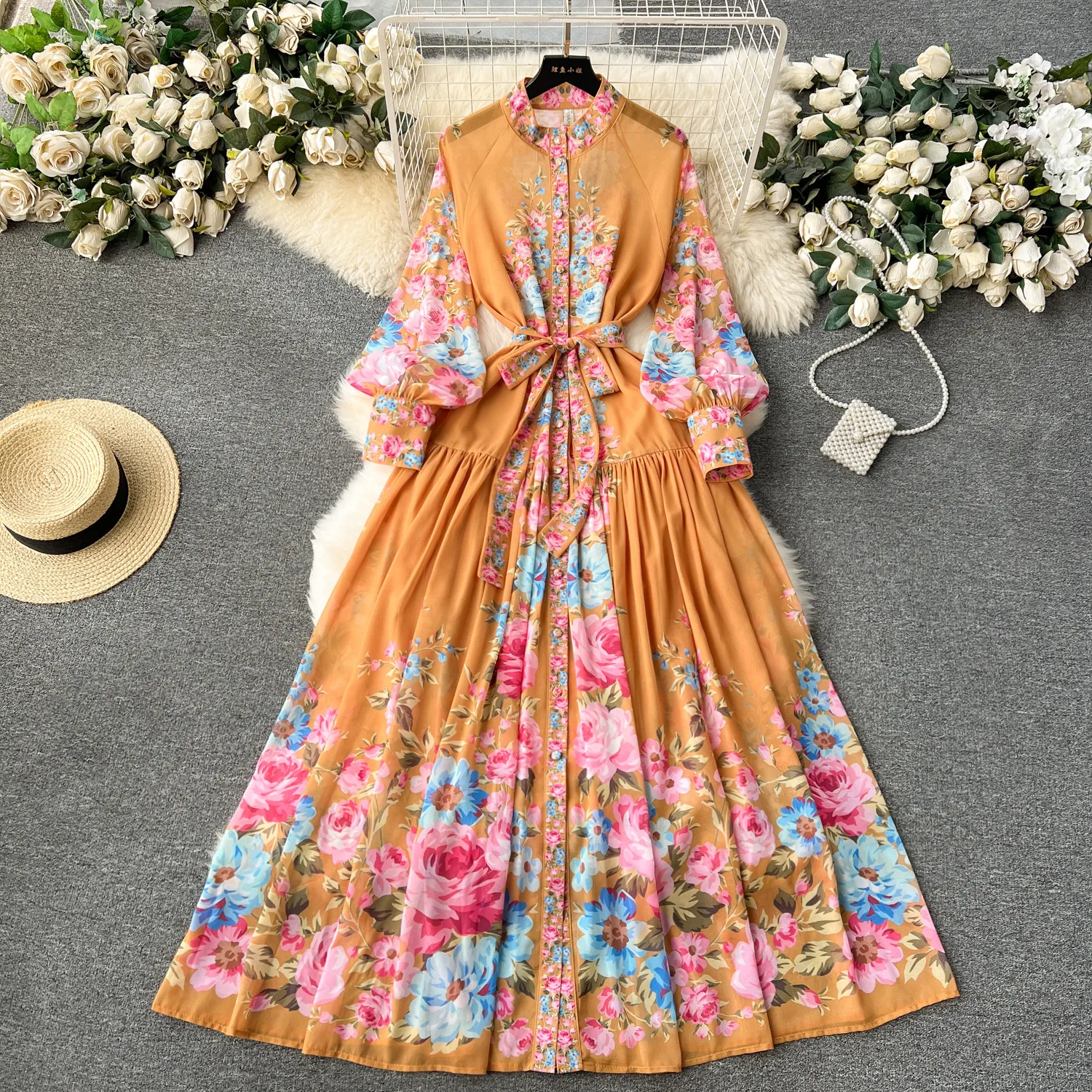 Fanhua Series 2024 Early Spring New French Bubble Sleeve Lace up Waist for Slim and Long Chiffon Holiday Dress