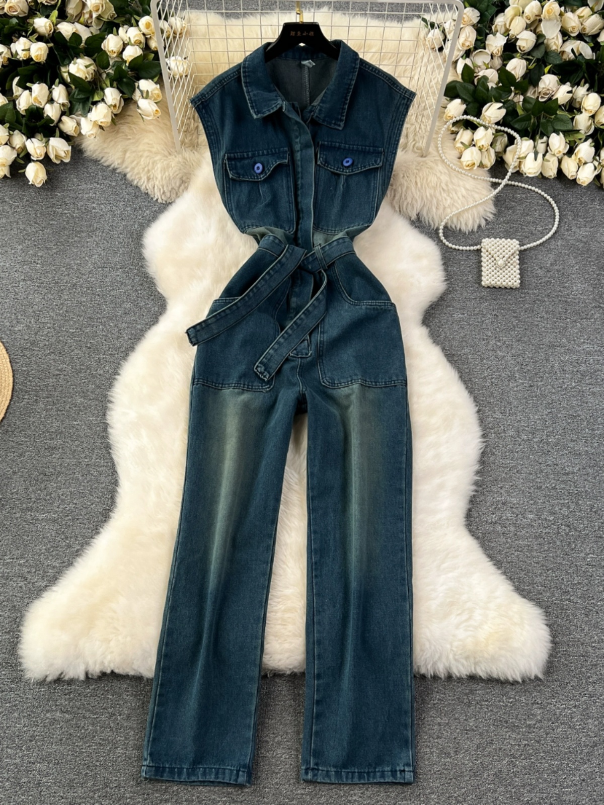 Chic niche Korean retro fashion jumpsuit, women's cool Sa design, slim waist, washed and distressed jeans
