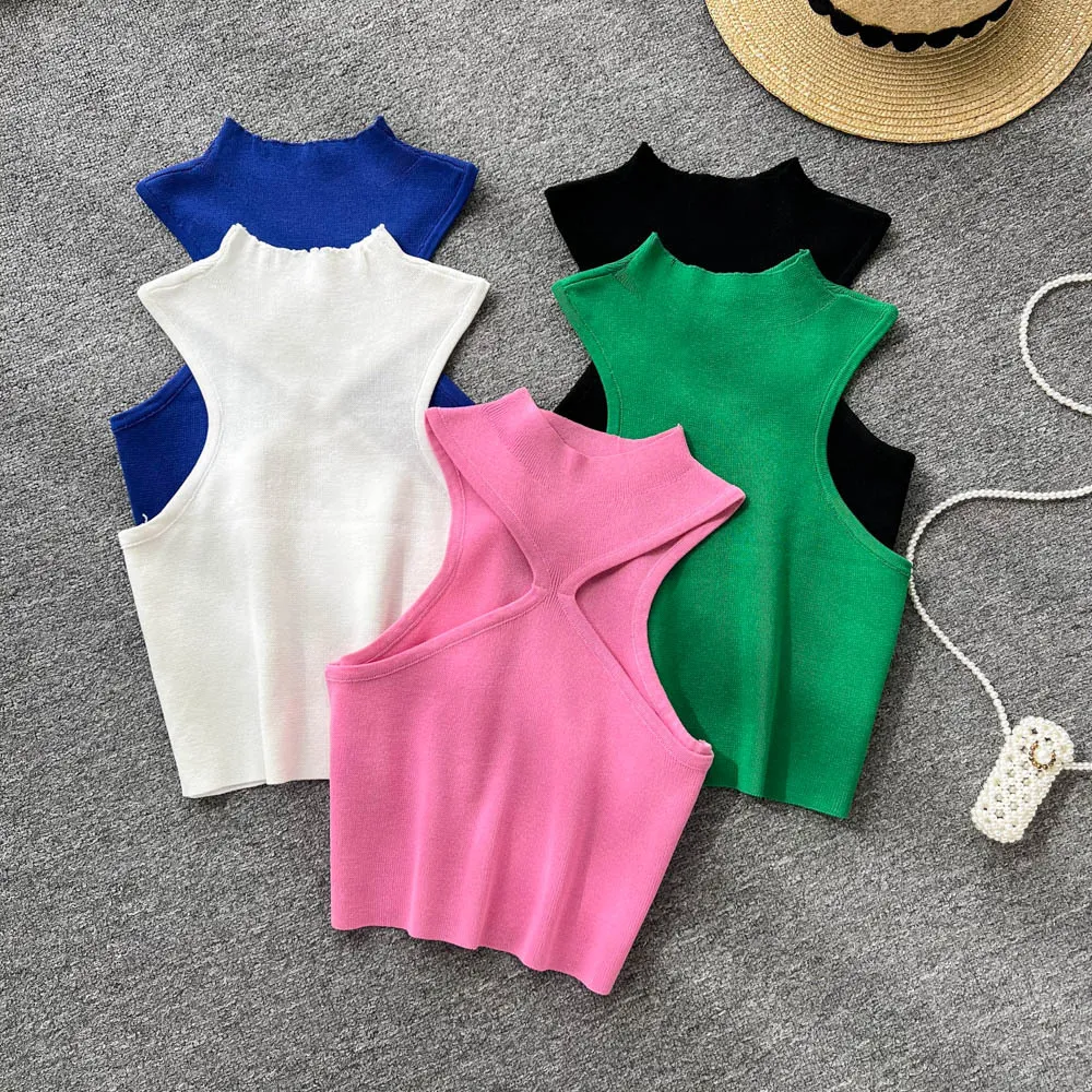 Sweet and Spicy Girl Sleeveless Standing Neck Knitted Tank Top for Women's Inner Wear and Summer Outwear with Heart Machine Off the Shoulder Short Style Versatile Top