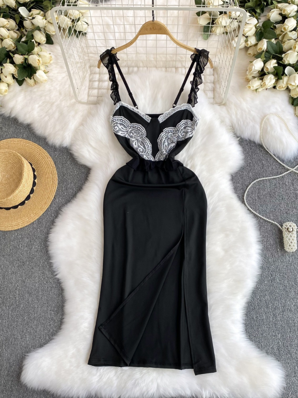 Fashionable and luxurious style, with a camisole dress for women. Summer wood ear slit design, niche, pure desire, spicy girl long dress