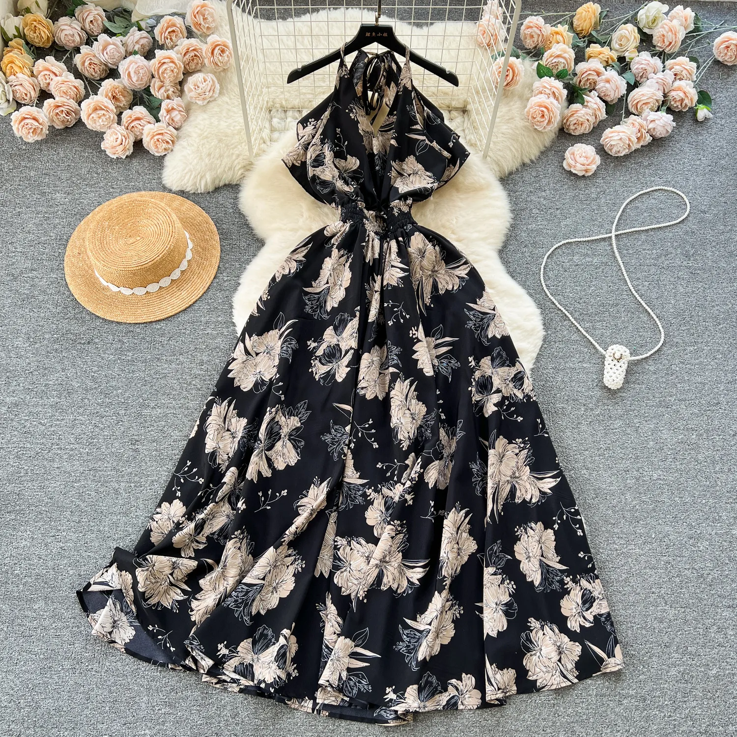 European and American vacation style sexy backless elastic waist slimming retro print design with ruffle edge hanging neck dress