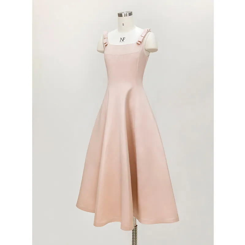 French Square Neck Bow Champagne Umbrella Skirt Sleeveless Slim Fit Waist Dress 67416