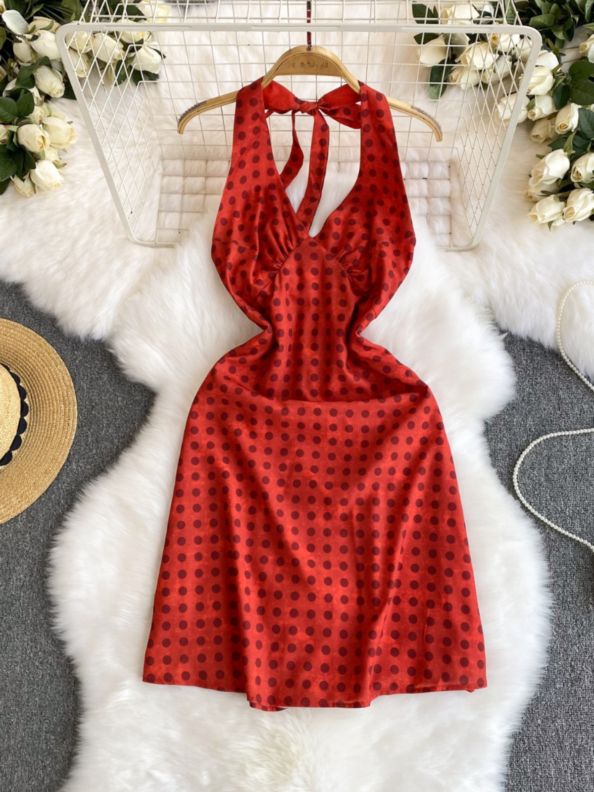 French haute couture polka dot camisole dress for women in summer with backless straps and waist cinching design, niche pure desire spicy girl dress