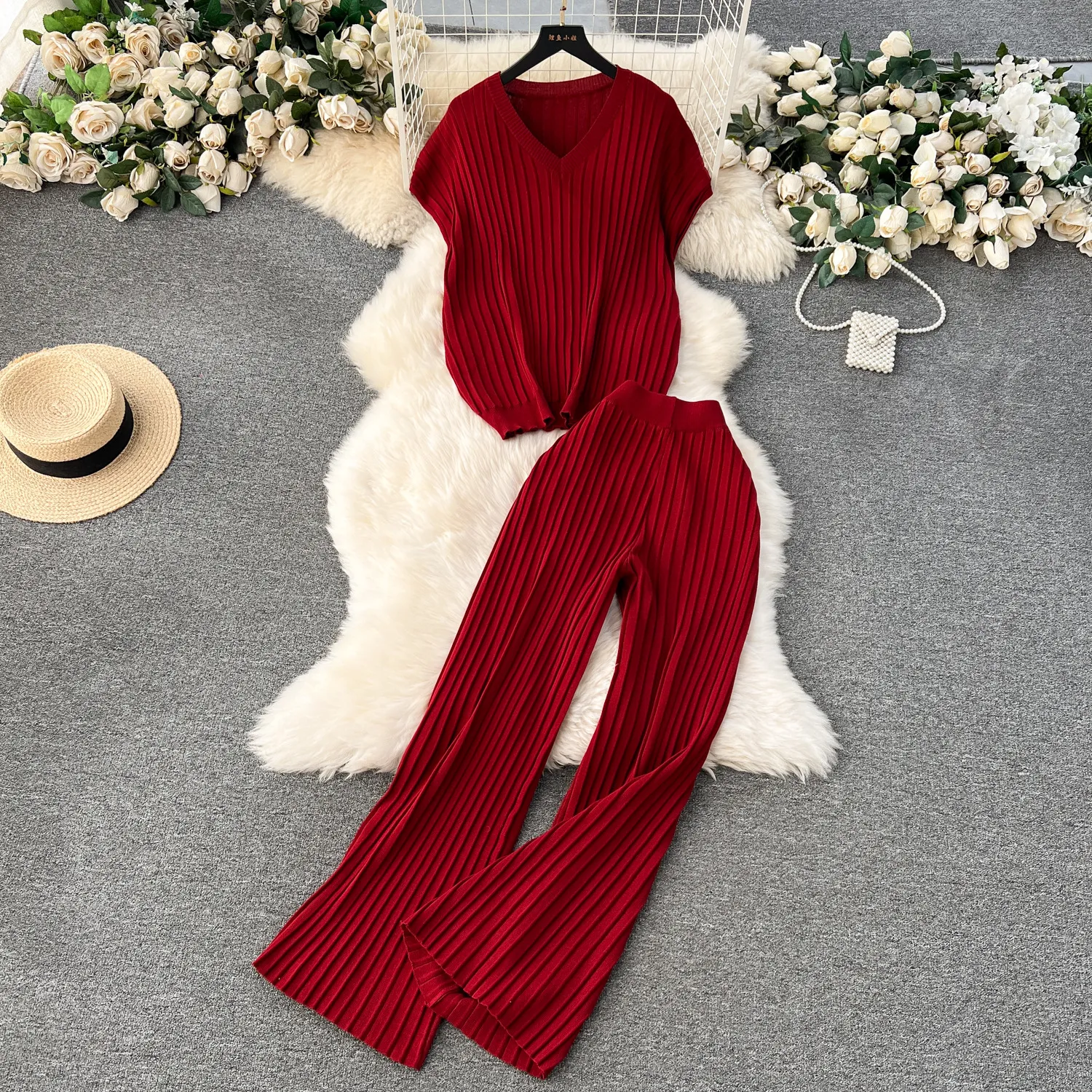 Fashion casual set for women, V-neck sleeveless pleated loose solid color top+high waisted wide leg slimming pants two-piece set