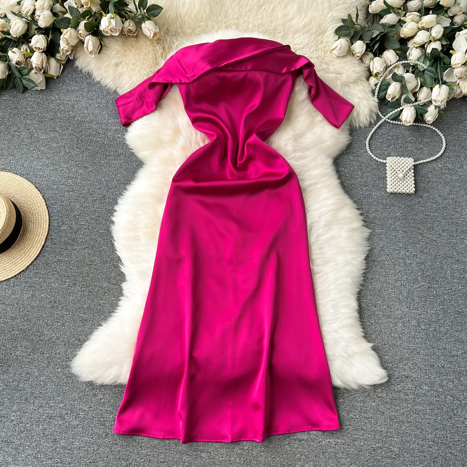 Evening dress, elegant and socialite style, high-end satin sexy strapless one shoulder slim fit, medium length dress for women