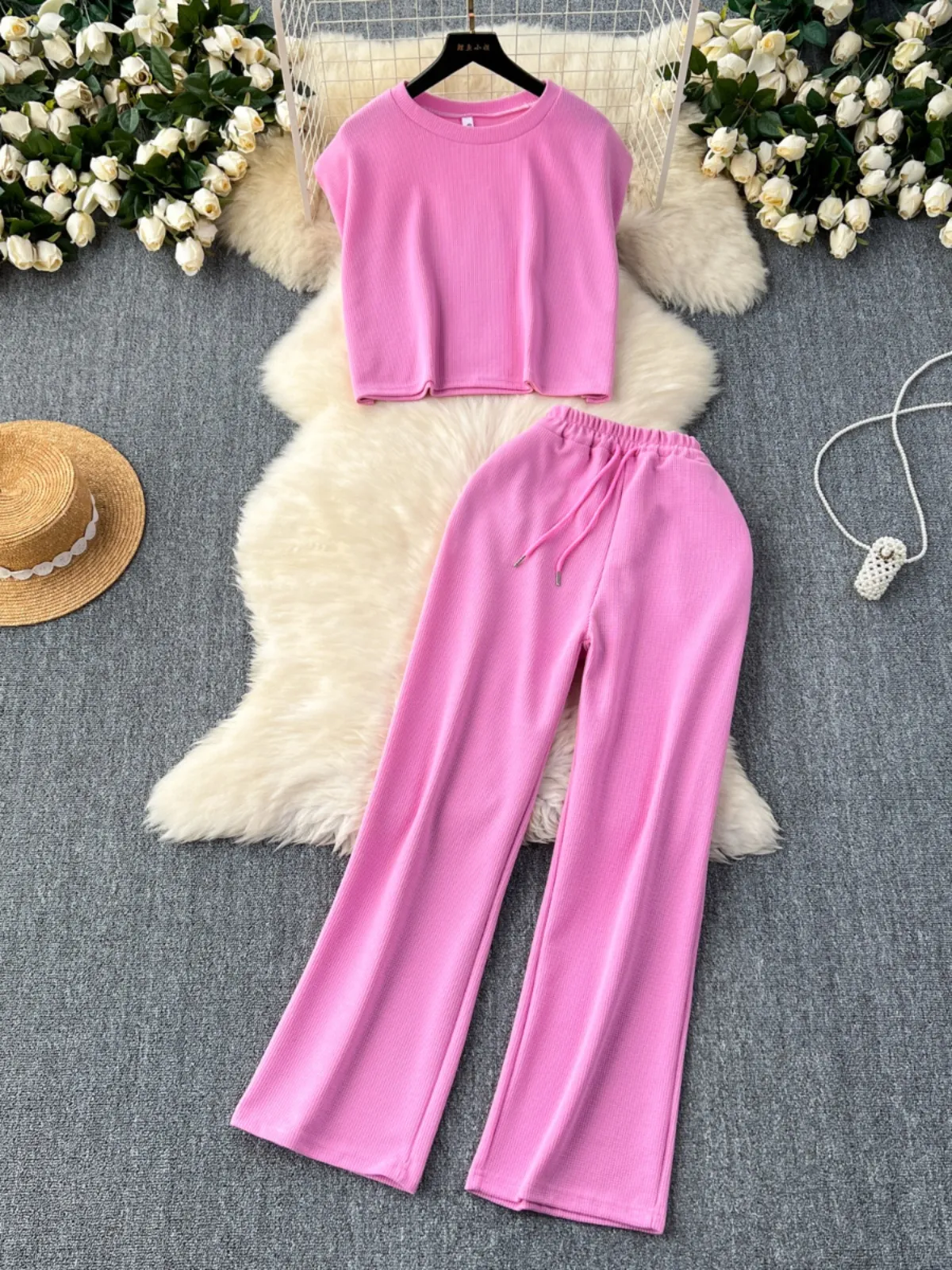 Lazy casual suit for women's Korean version loose and versatile short t-shirt top+drawstring waist wide leg pants two-piece set