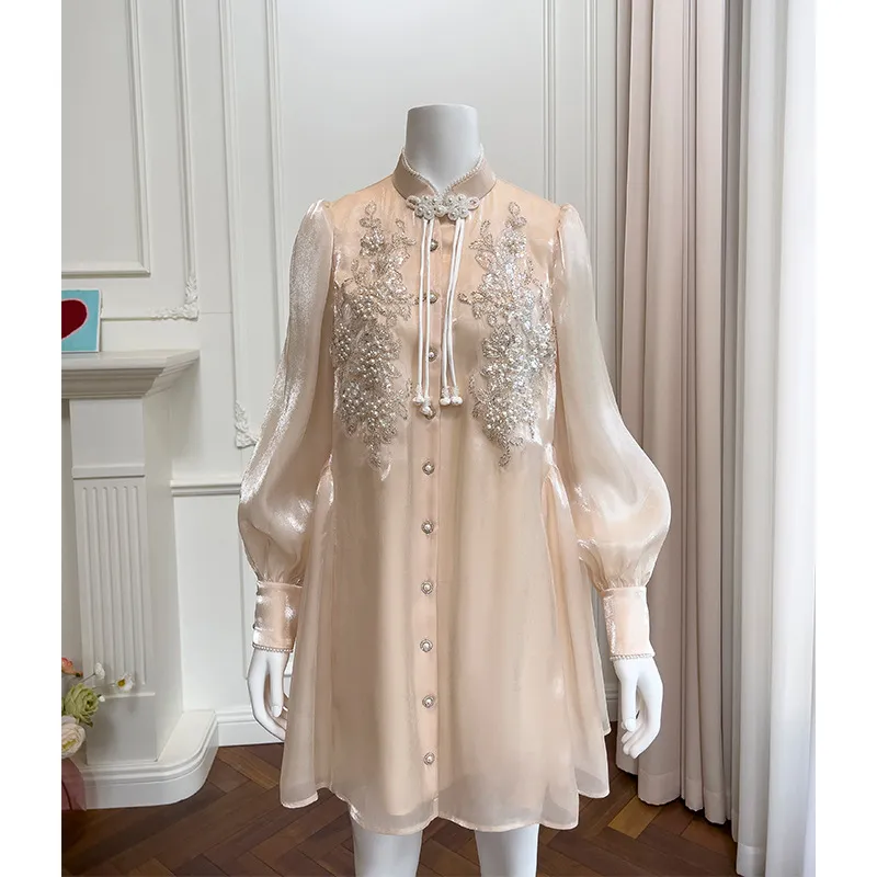 Early Spring New Fashion Qipao Collar Lantern Sleeves Long sleeved Shirt Dress Elegant Champagne Dress 67729