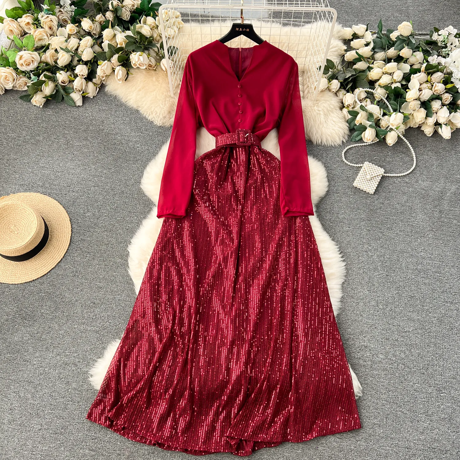 Luxury and Elegant Spring Dress for Women Design Sensory and Fake Two Piece Long Sleeve Spliced Light Luxury Sequin Long Dress for Women