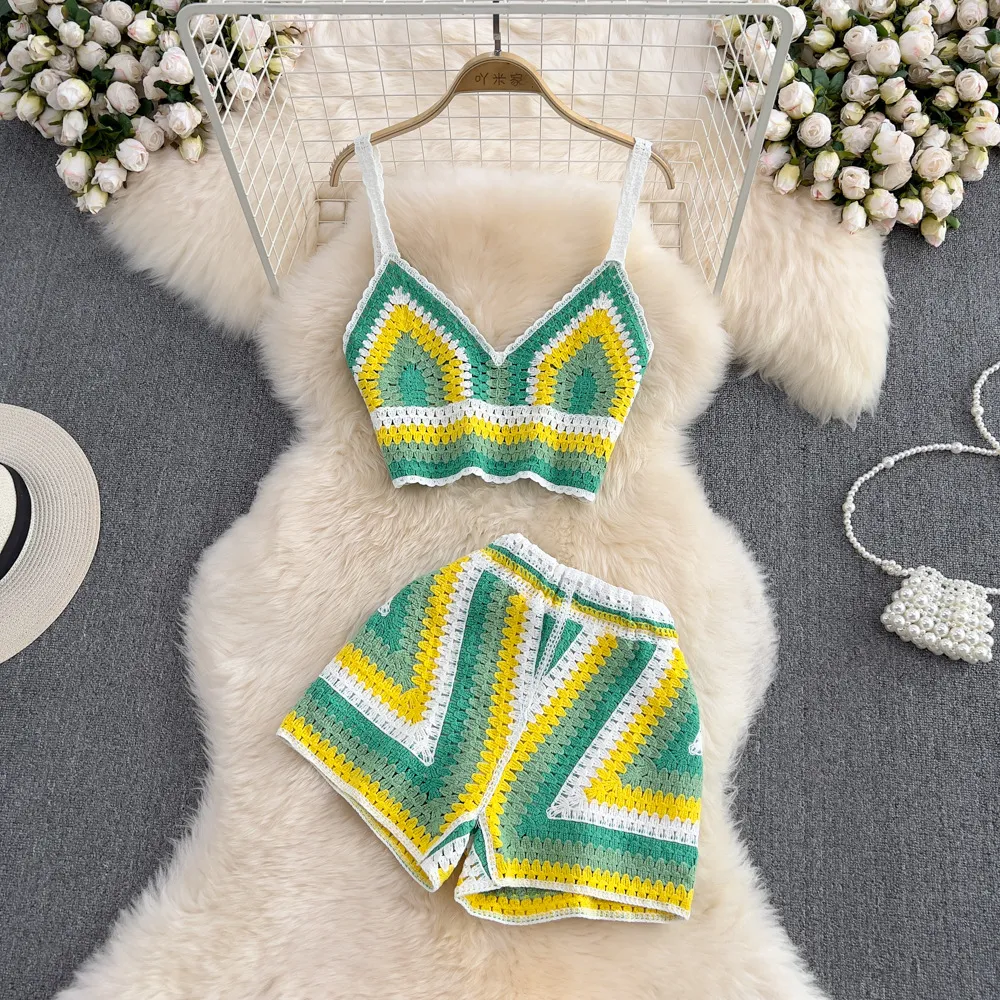 Ethnic style handmade crochet knit set, sexy low cut V-neck strap vest, high waisted wide leg shorts, two-piece set