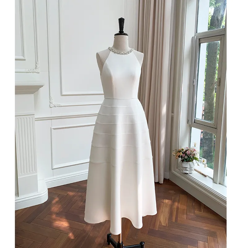Yi Ge Li La Summer New Product White Elegance Hanging Neck Sleeveless High Waist Slimming Elegance Dress 67430