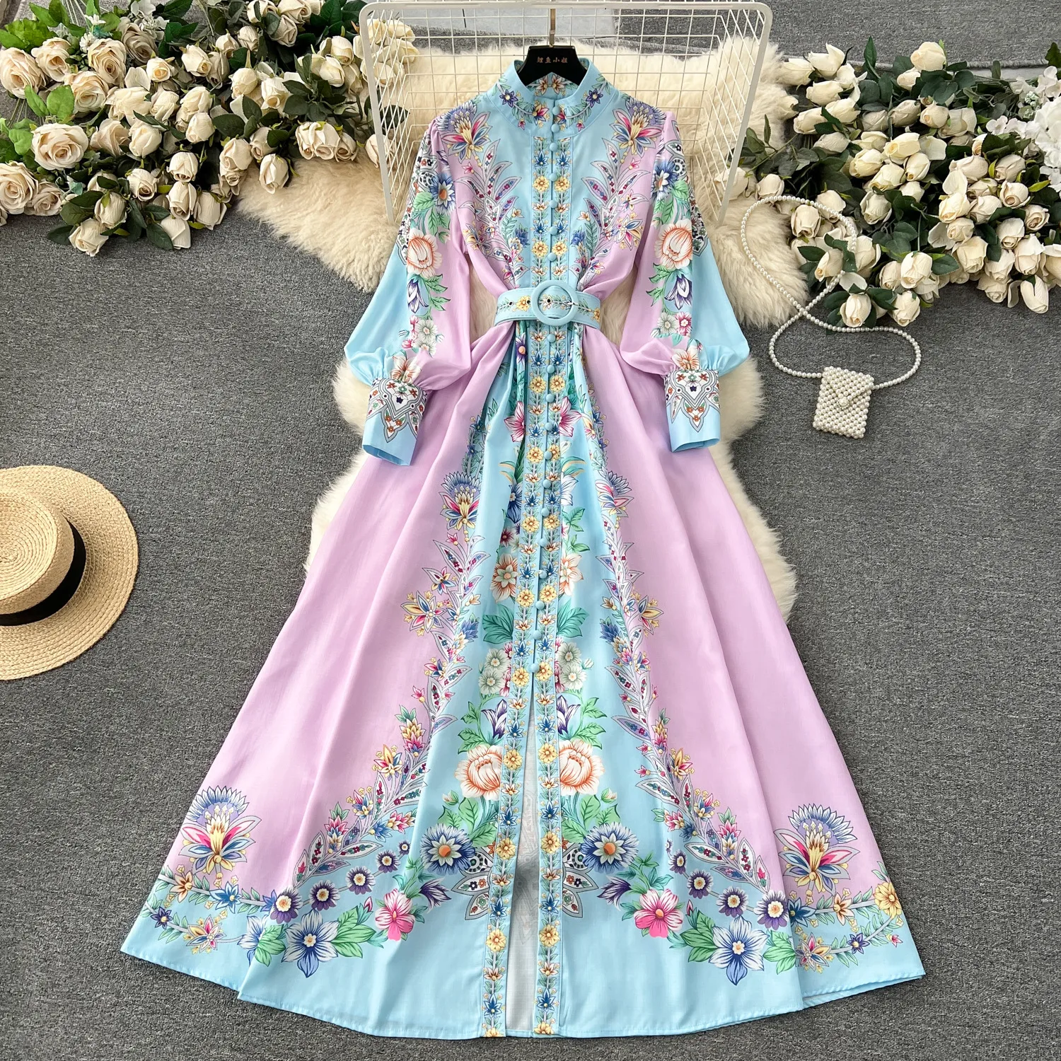 European style palace style dress, temperament, stand up collar, button up, slim fit, long design, printed bubble sleeve dress, spring dress