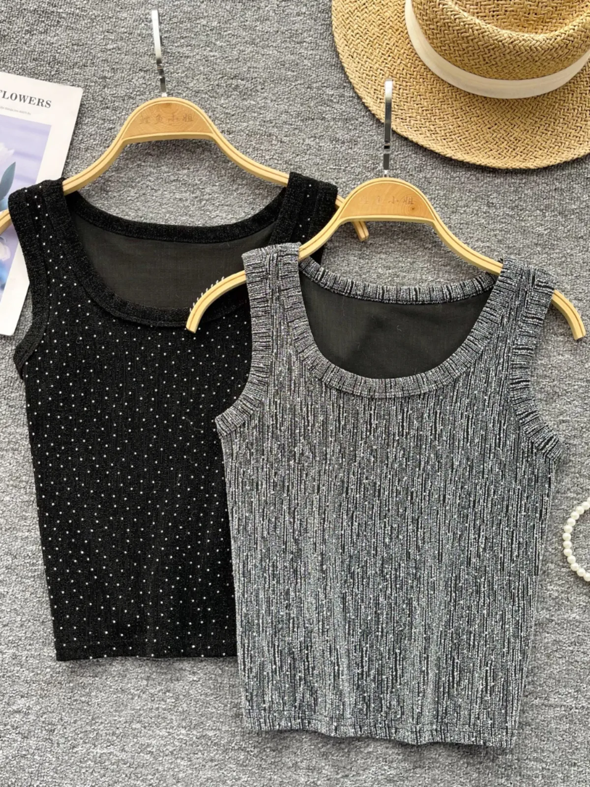 Summer New Versatile Sleeveless Tank Top for Women, Small and Popular Heavy Industry, Hot Rolled Diamond Round Neck Slim Fit T-shirt, Underlay Short Top Trendy
