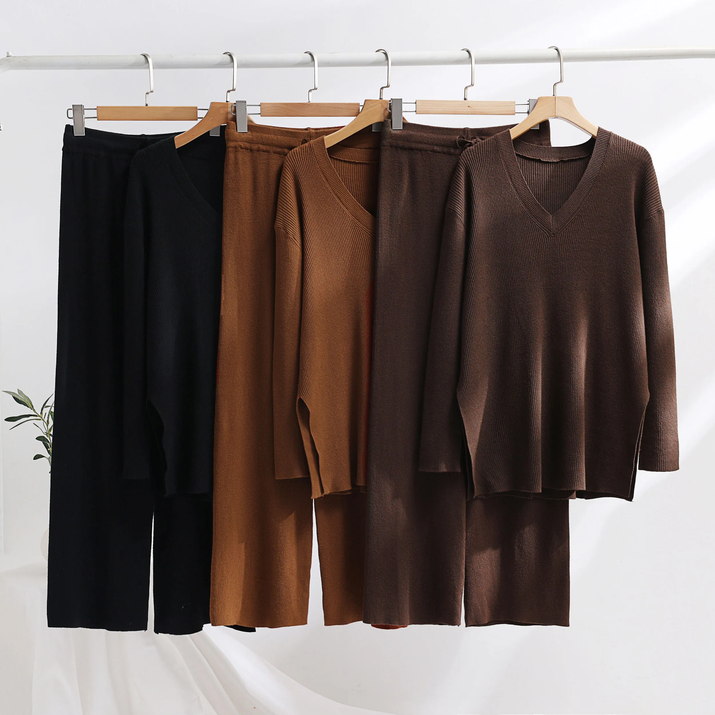 Core spun yarn thickened warm home clothing knitted suit for foreign trade sweater loose autumn/winter pullover+wide leg pants