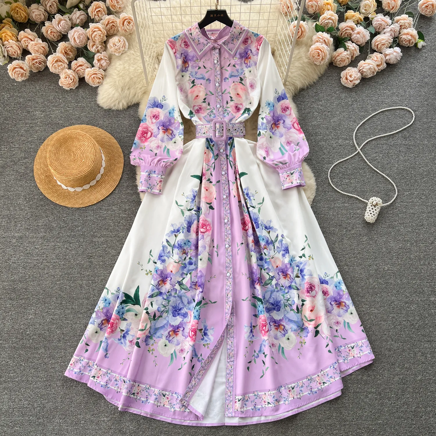 French dress, spring dress, girl's shirt collar design, print, waist closure, slimming effect, long version, bubble sleeve dress, skirt