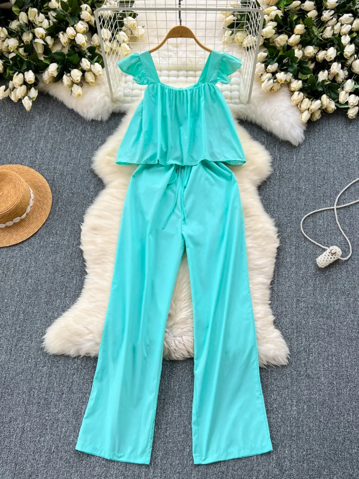 Korean style outfit sweet flying sleeves fake two-piece jumpsuit for women 2024 new loose and slim wide leg pants