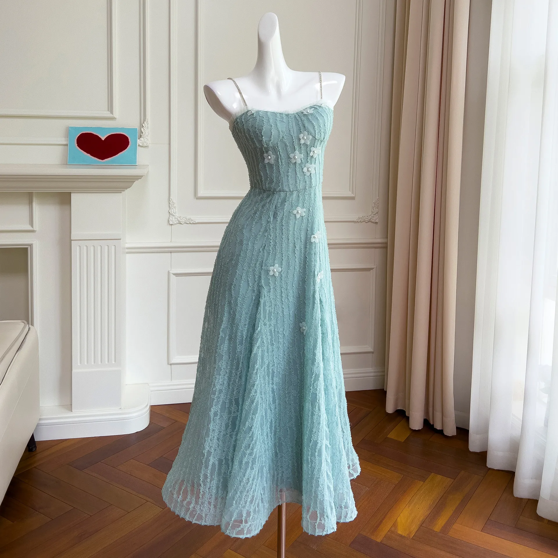 Summer Women's Exquisite Dresses with Elegant and Light Luxury Temperament, Blue and Green Jacquard Suspended Straps, Engagement Dress Dress 68002