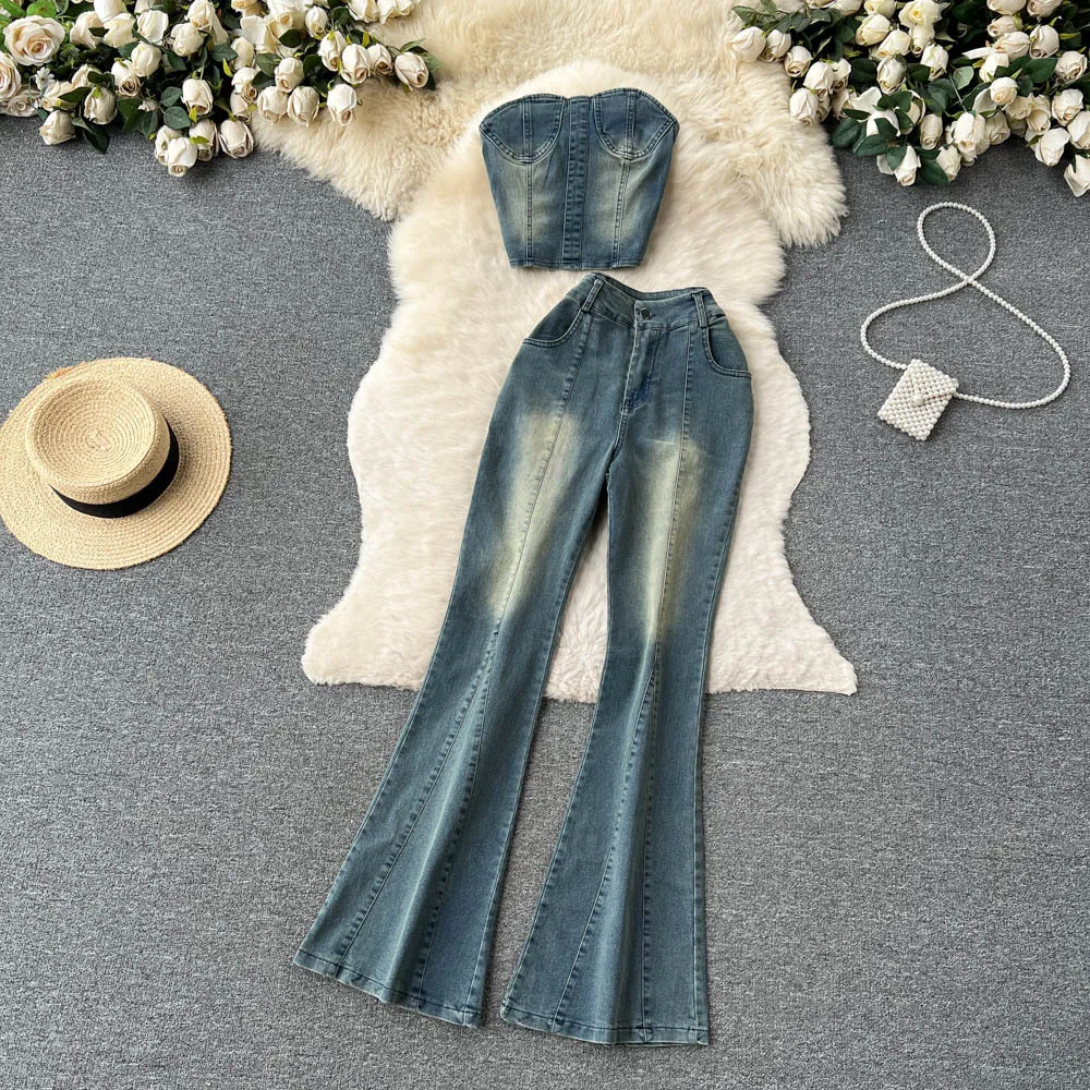 American retro spicy girl style pure desire denim top with exposed waist and high waisted micro flared pants two-piece set