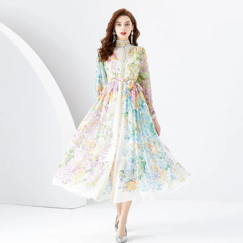Fanhua Spring Fashion Women's Design Sensation Printed Bubble Sleeves Elegant Standing Neck Button Slim Fit French Dress