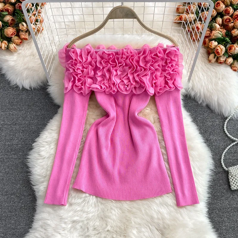Knitted top for women in autumn and winter 2022, with a super immortal design sense and three-dimensional flower collar. Off the shoulder long sleeved base sweater