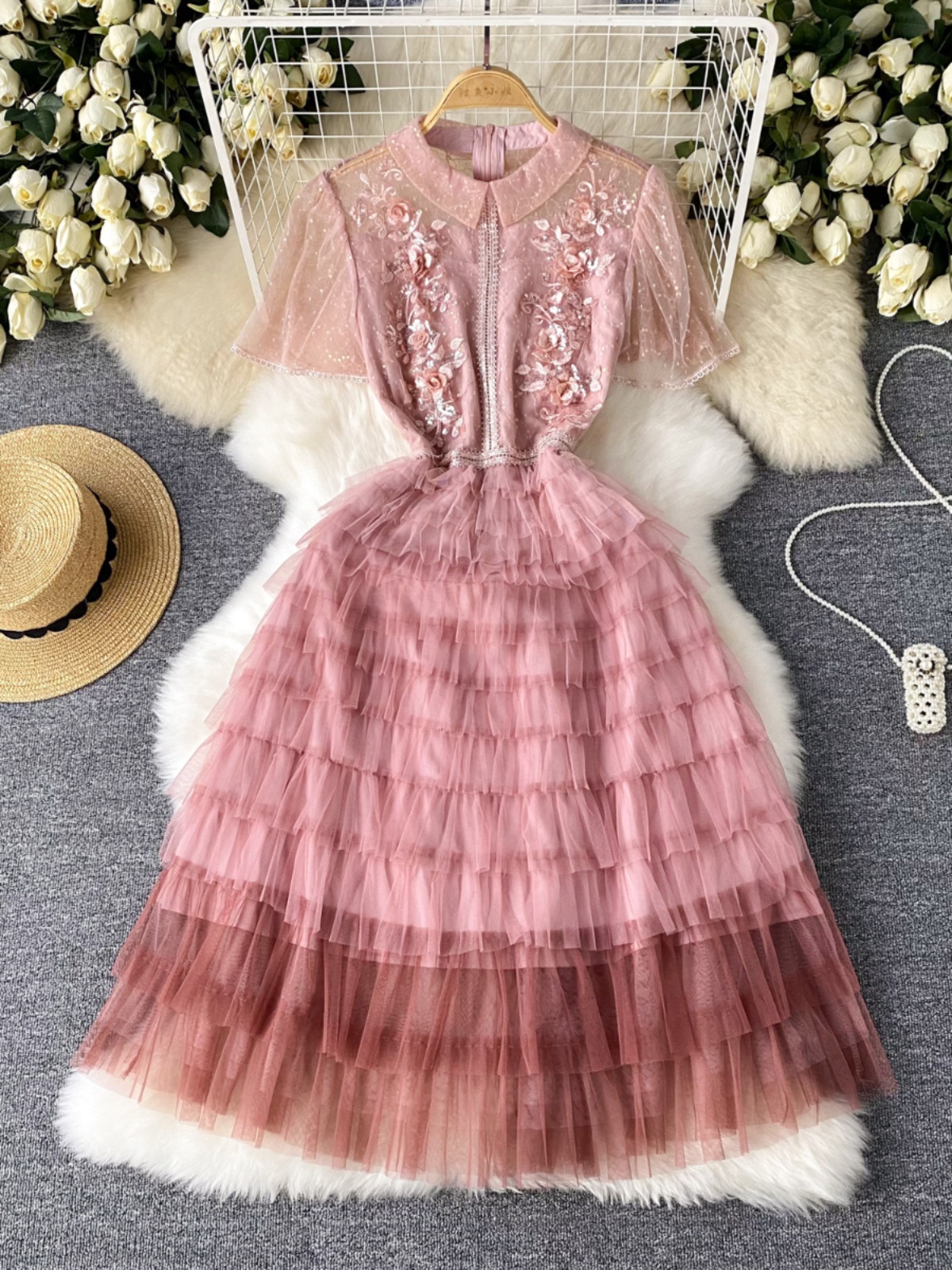 Celebrity high-end exquisite small dress French sweet temperament nail bead doll neck embroidery waist cinching cake dress for women