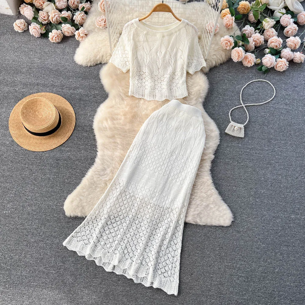 Korean Instagram style hollowed out hook flower lace short sleeved set skirt, women's short top+fishtail skirt two-piece fashion set