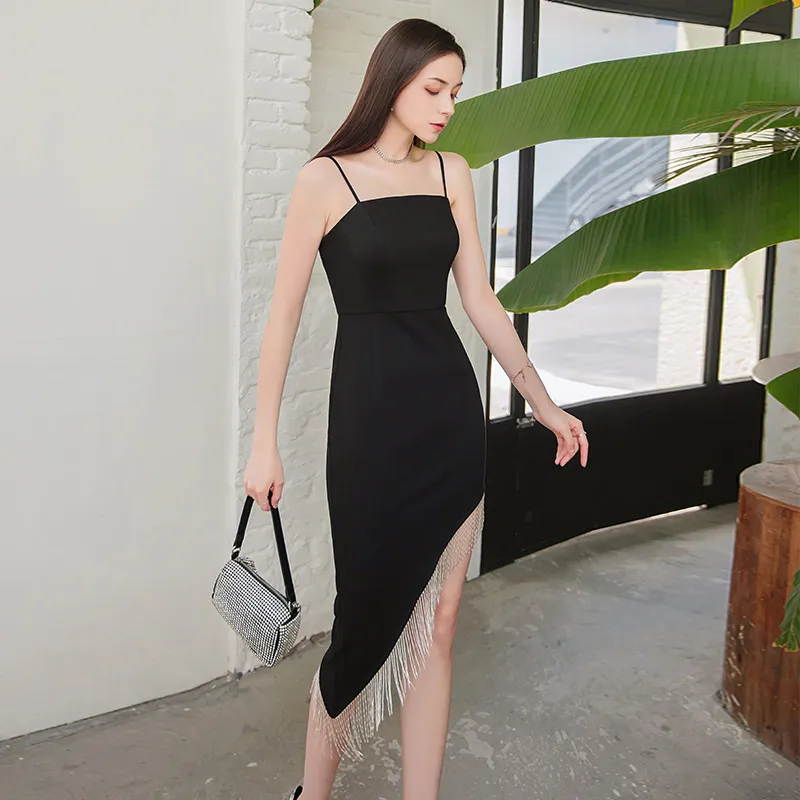 Thin shoulder strap sexy diagonal fishtail skirt with flowing Su bead tube slimming black dress for women 65648