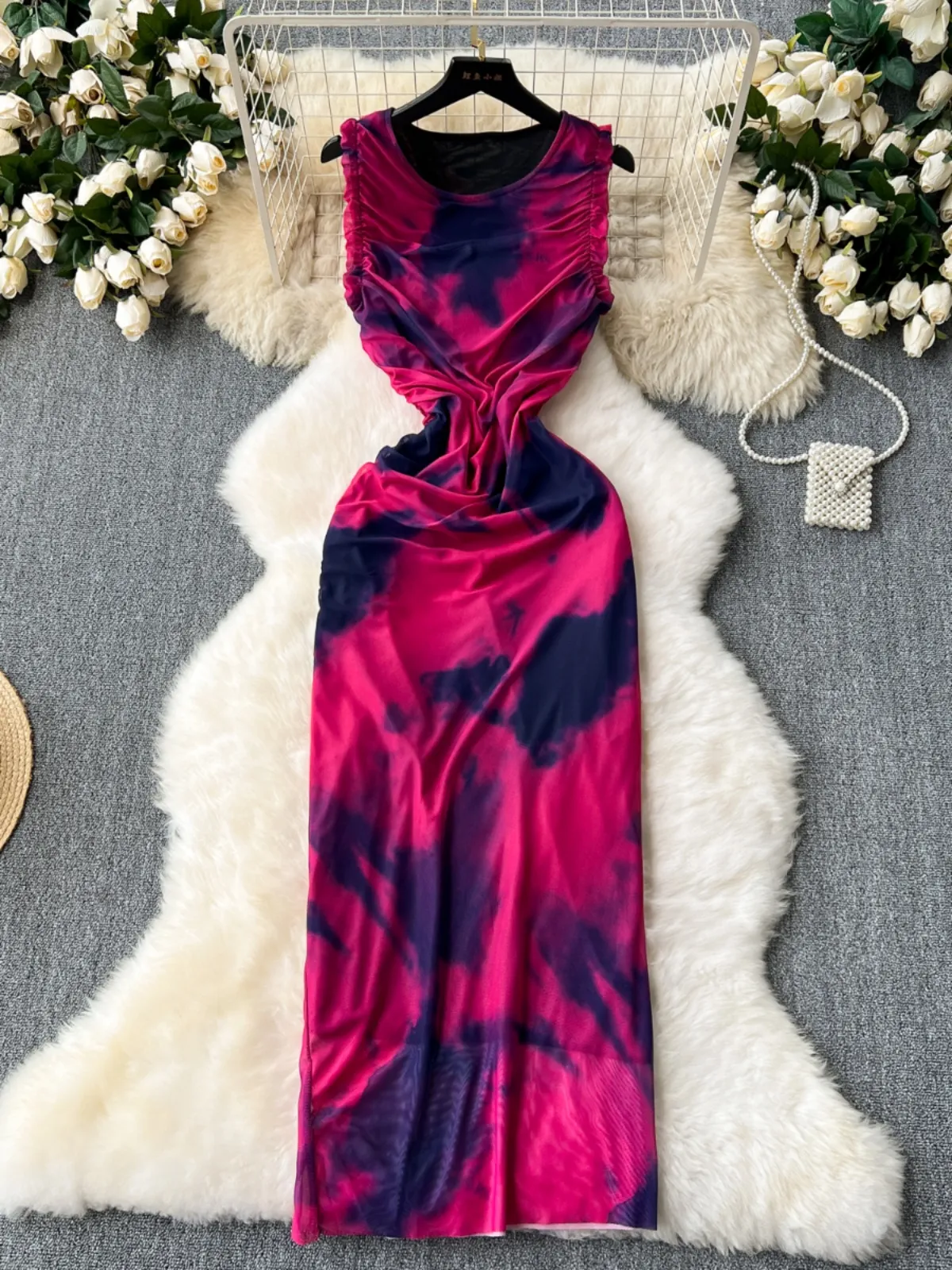 Royal Sister Goddess Fan Dress 2024 Summer New Small and Popular High end Feeling Heart Machine Folding Halo Dyed Waist Collection Vest Skirt