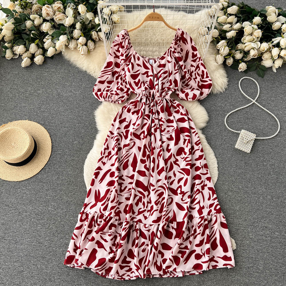 2024 Spring/Summer New Square Neck Bubble Short Sleeves French Style Slimming Fragmented Flower Dress Fairy A-line Long Dress