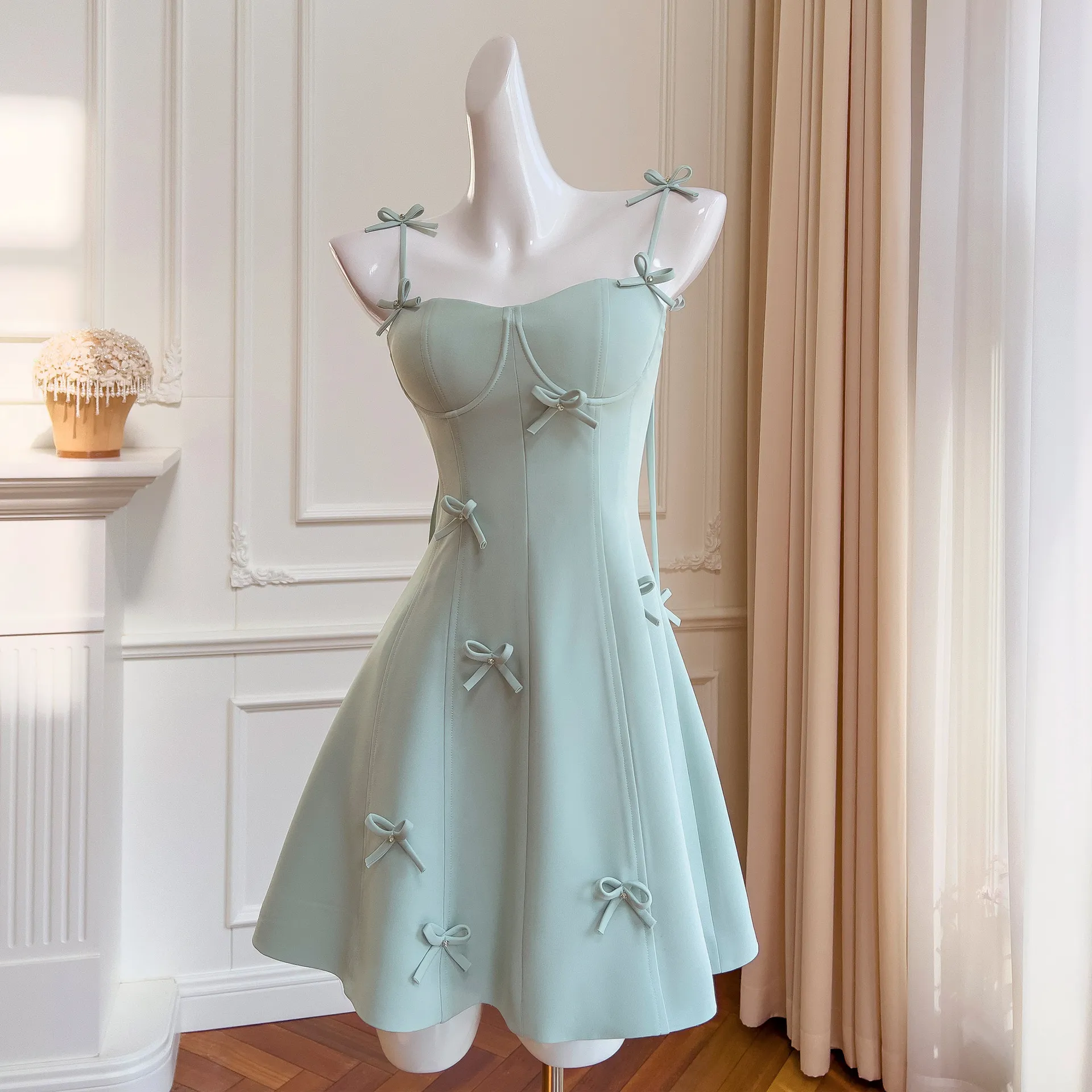 French Bow Waist Slim Fit Elegance Celebrity Birthday Dress Small Vacation Strap Dress 68473