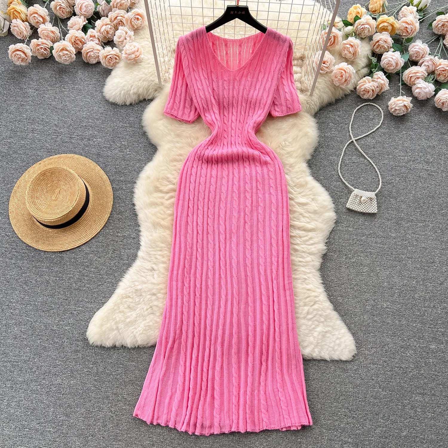 Celebrity style knitting Fried Dough Twists pattern dress for women in summer, waist shrinking, slim, luxurious French style, high-class, hot girl long skirt