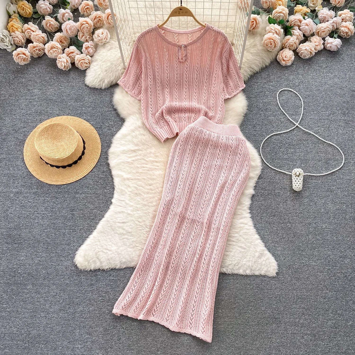 2024 Early Spring New Korean Style Wear a Complete Set of Short sleeved Knitted Top Versatile Wrap Hip Half Skirt Set
