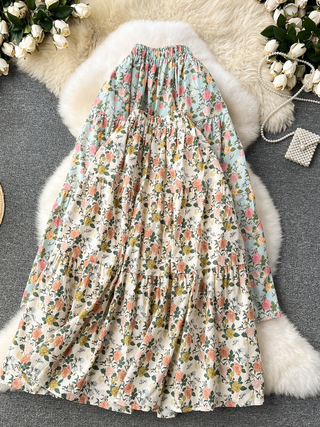 Countryside style rose print half skirt for women, sweet and age reducing mid length elastic waist, slimming temperament A-line fluffy skirt