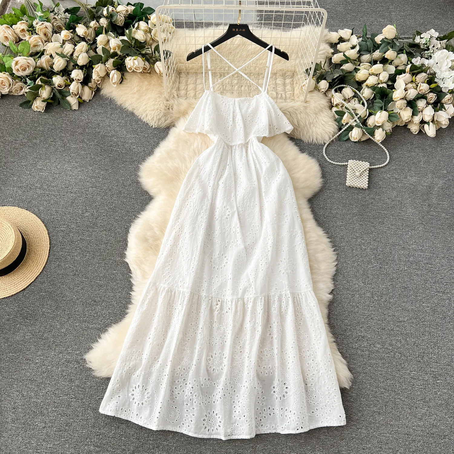 French Gentle Style Fake Dress Sweet Lotus Edge Slim Fit Long Heavy Industry Embroidered Hollow Suspended Beach Dress