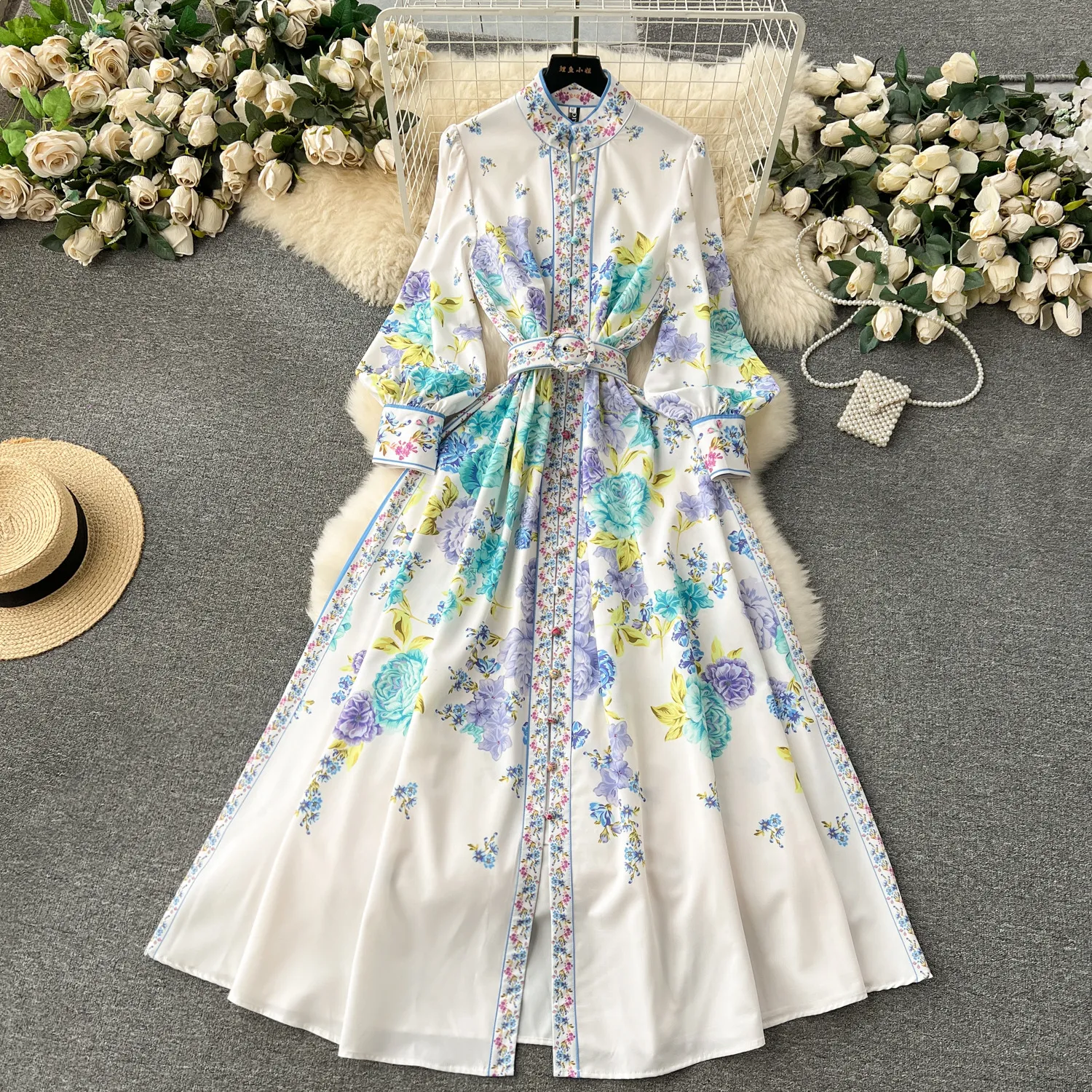 French haute couture spring dress for women 2024, new design, print, slim fit, long and stylish bubble sleeve dress for women