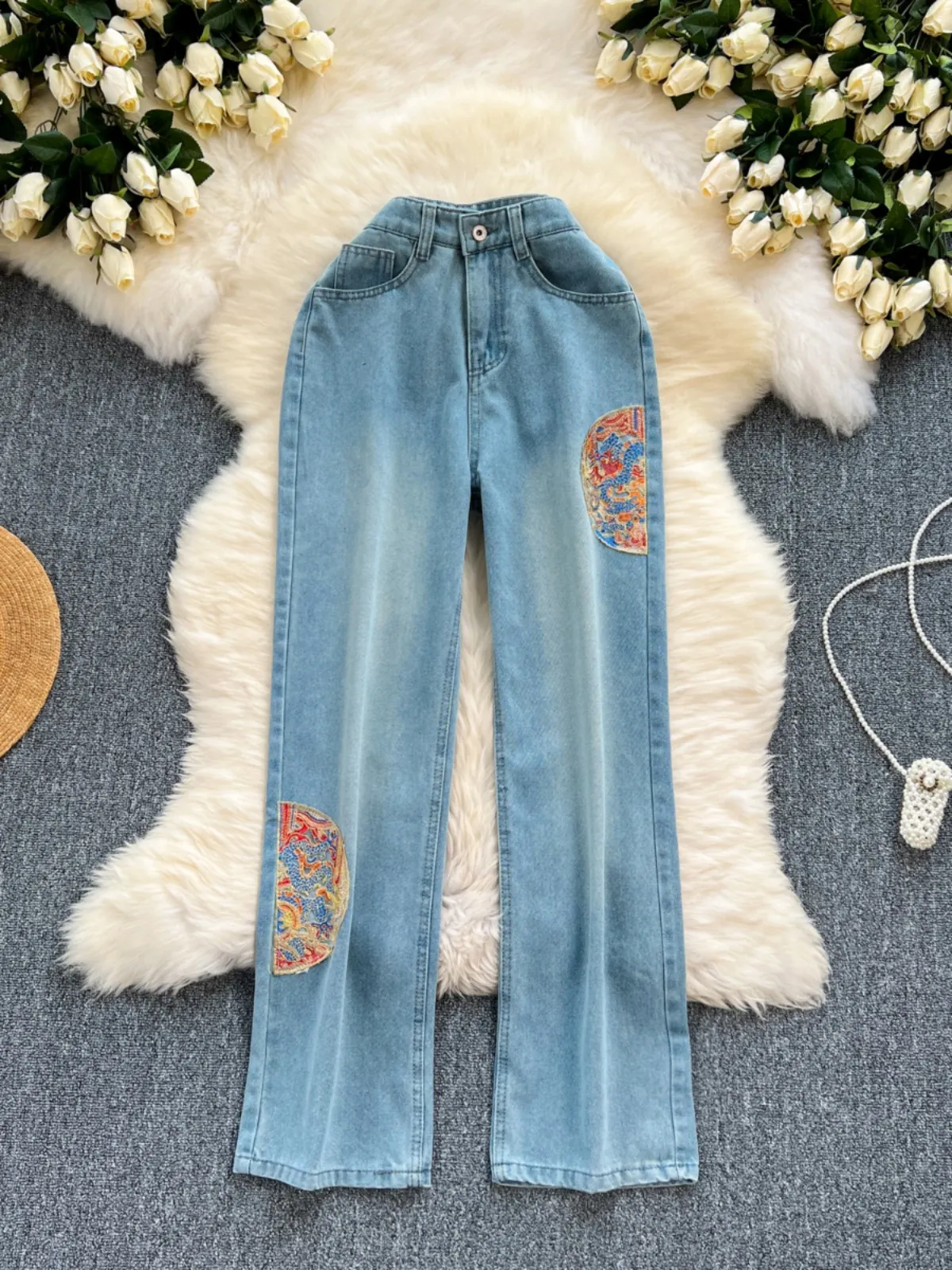 New Chinese style China-Chic style jeans, female Longteng embroidery design, thin, high waist, wide leg, straight pants