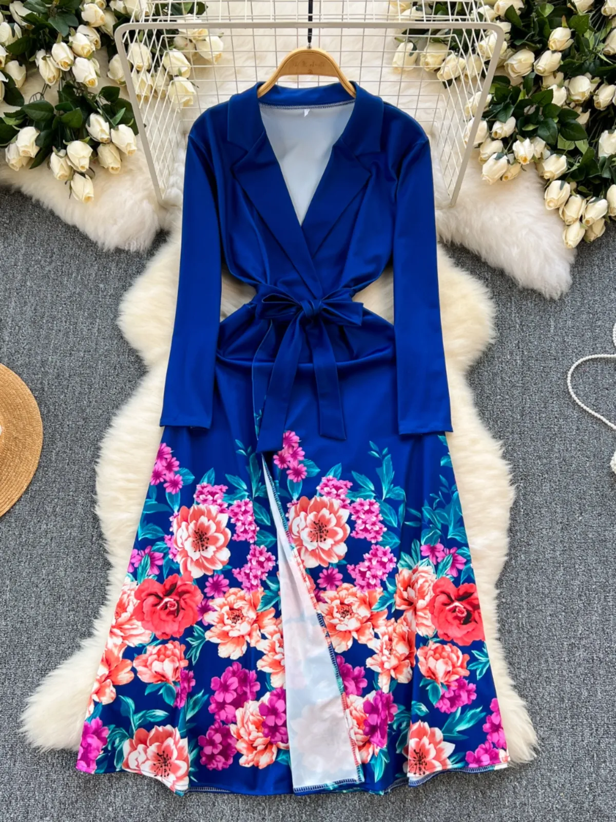 Light mature style women's temperament suit collar tie waist slimming mid length design with printed dress for women's summer wear