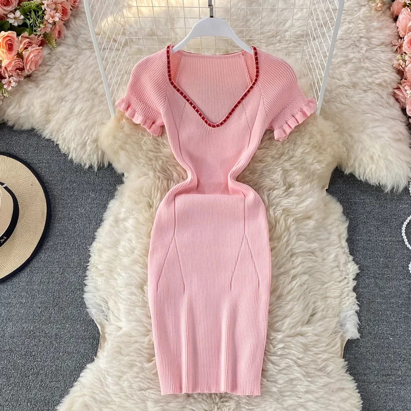 2022 Summer New Retro Style Contrast Color V-neck Slim Fit Elastic Short Sleeve Knitted Hip Wrap Dress