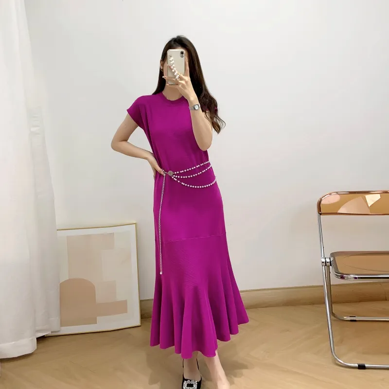 2023 Summer New Slim Fit Short Sleeve Dress Long Dress Casual Fishtail Dress Loose Ruffle Edge Skirt