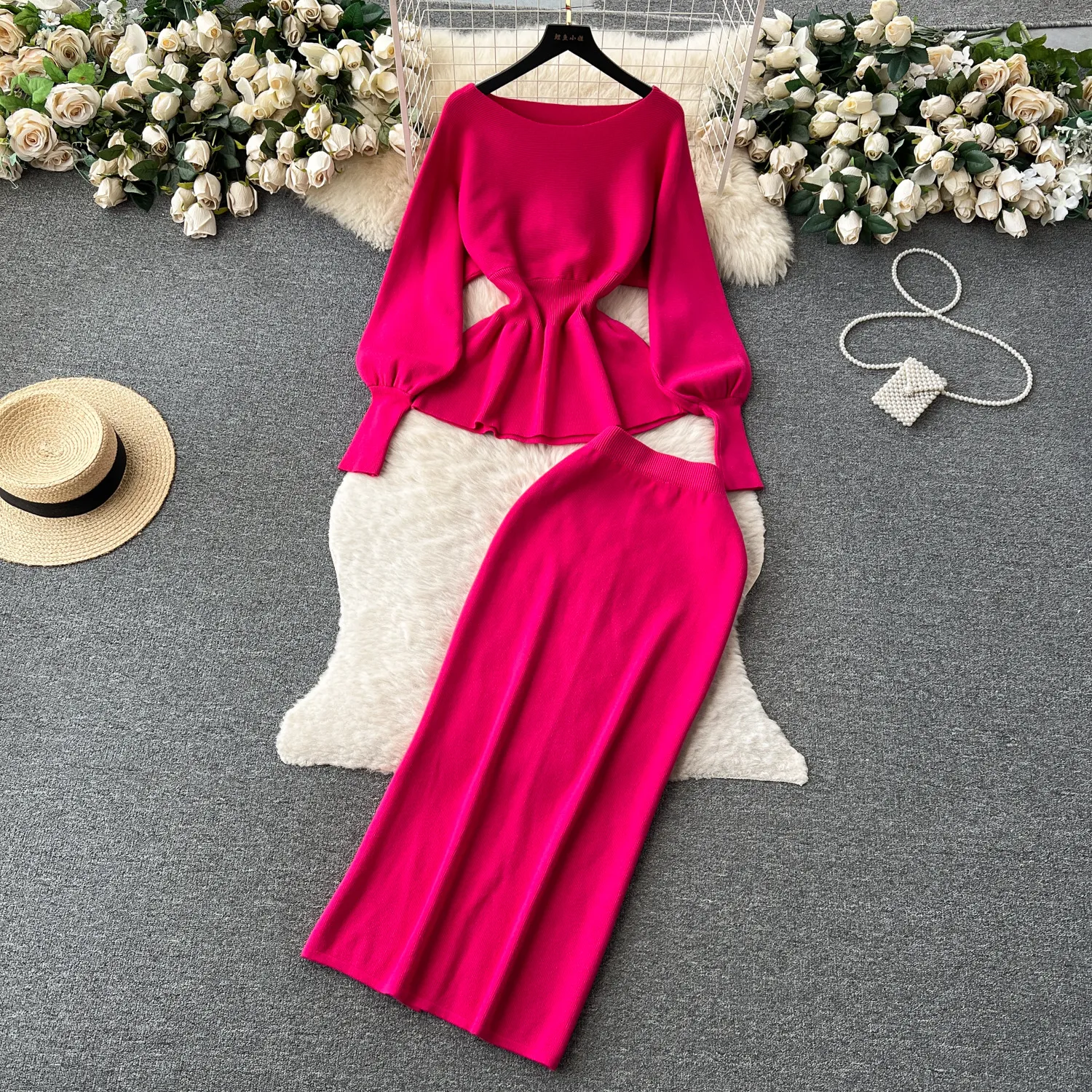 Light luxury and high-end feeling, Miss Qianjin, fashionable solid color knitted suit, women's autumn and winter bubble sleeve shirt+high waisted long skirt