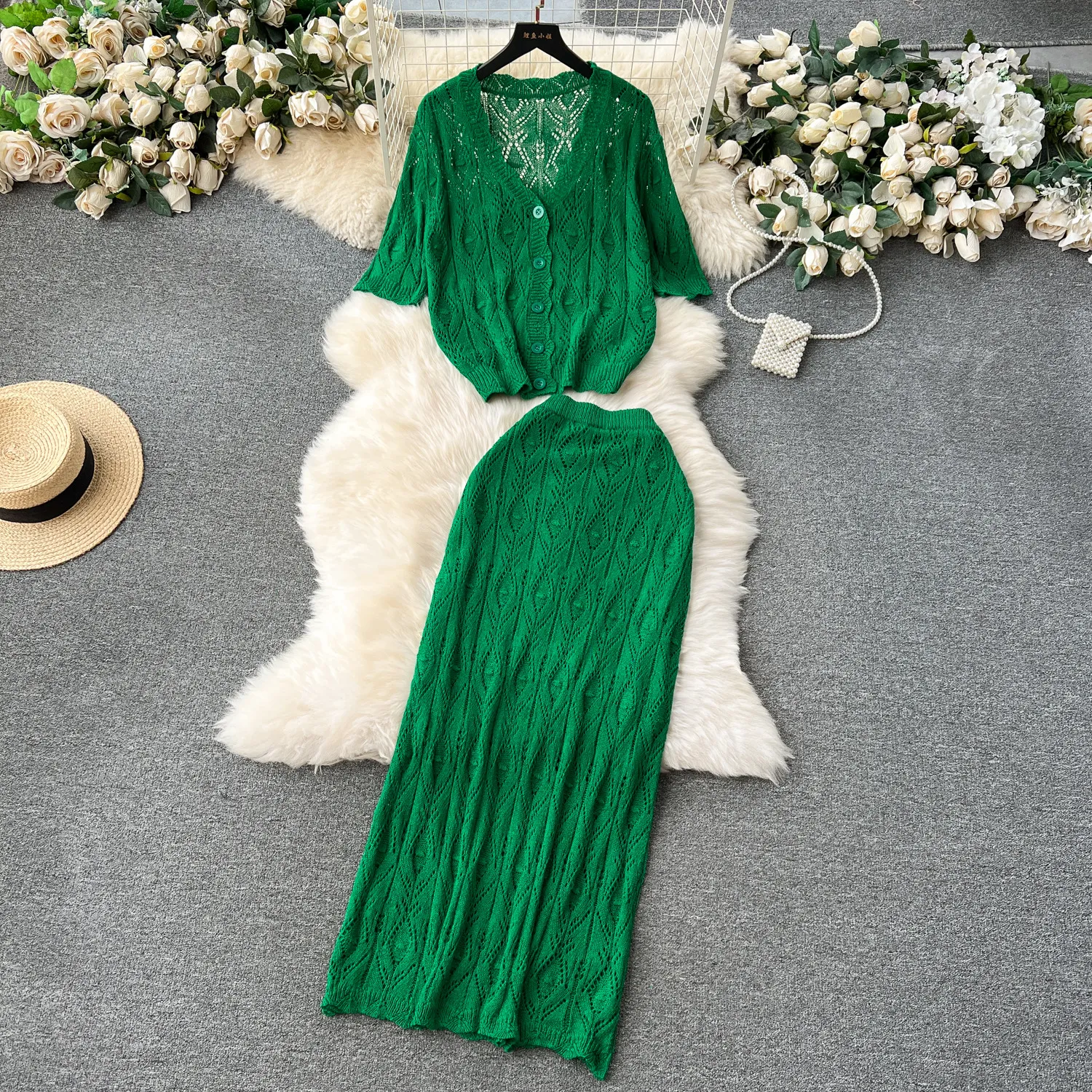 Korean style clothing niche lazy style set knitted cardigan versatile high waisted long skirt fashion two-piece set trend