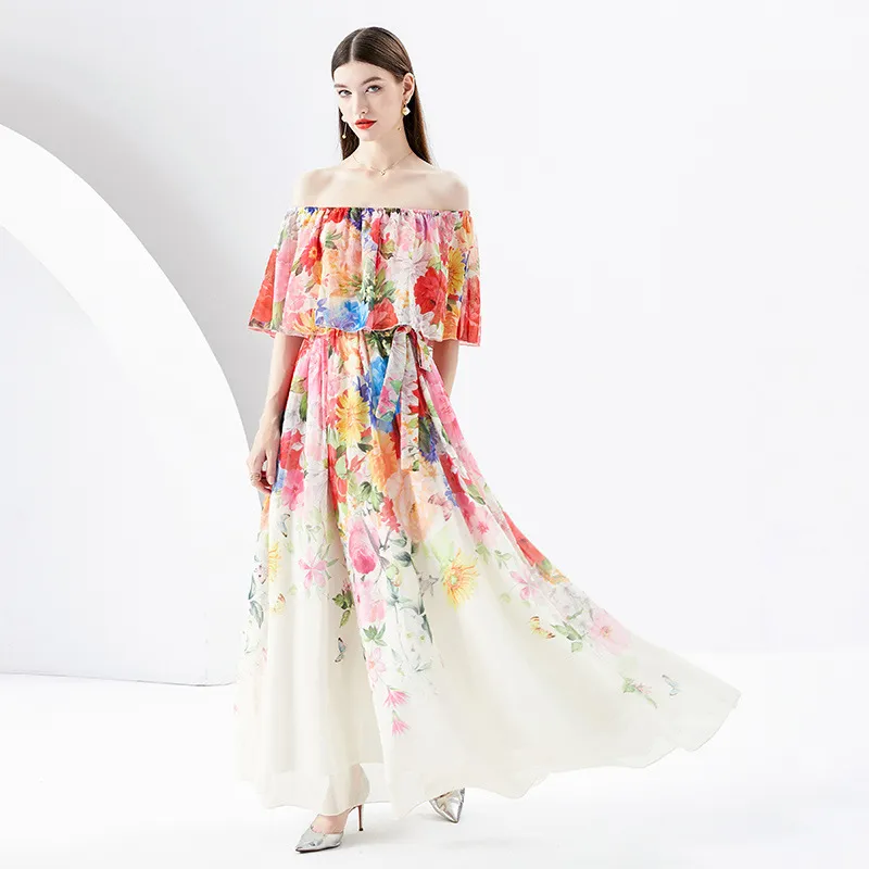 Fanhua series vacation dress for women in 2024, new design sense printed ruffle edge one line collar off the shoulder chiffon skirt