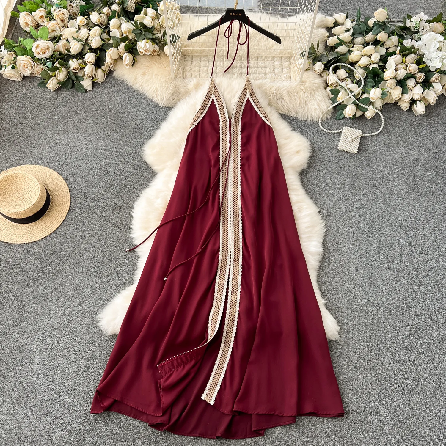 Retro ethnic style heavy industry woven pattern color contrast splicing slim fit long sexy backless hanging neck dress vacation dress