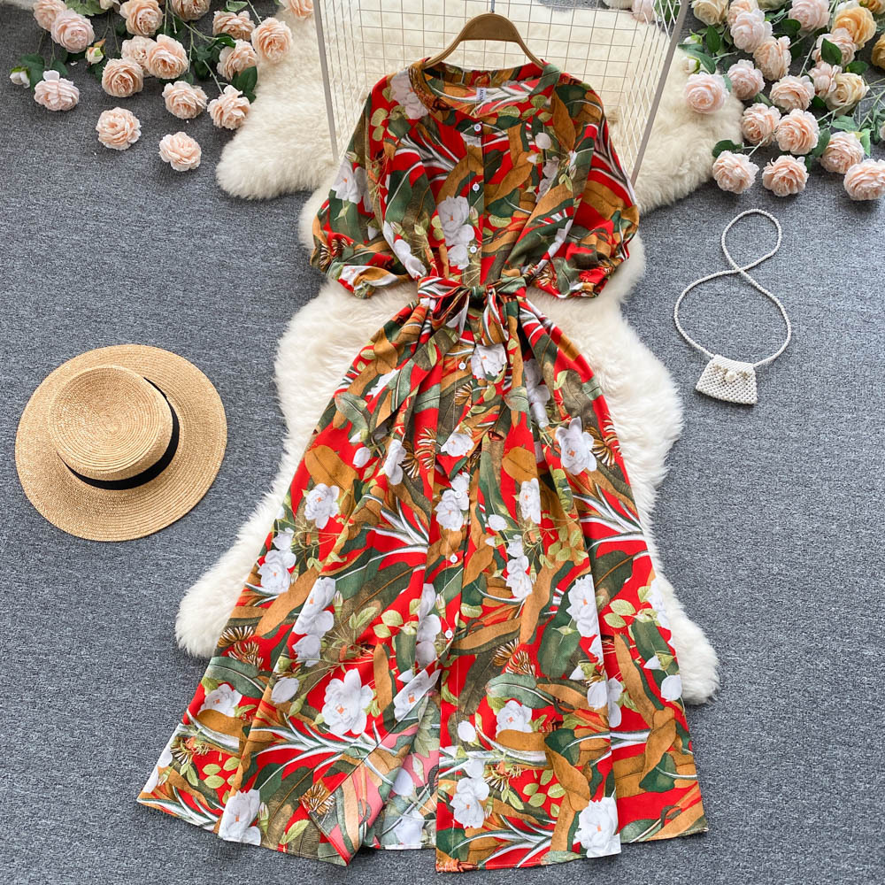 2022 Summer Gentle Style Super Immortal Round Neck Single breasted Printed Shirt Dress Women's Beach Vacation Big Swing Long Dress